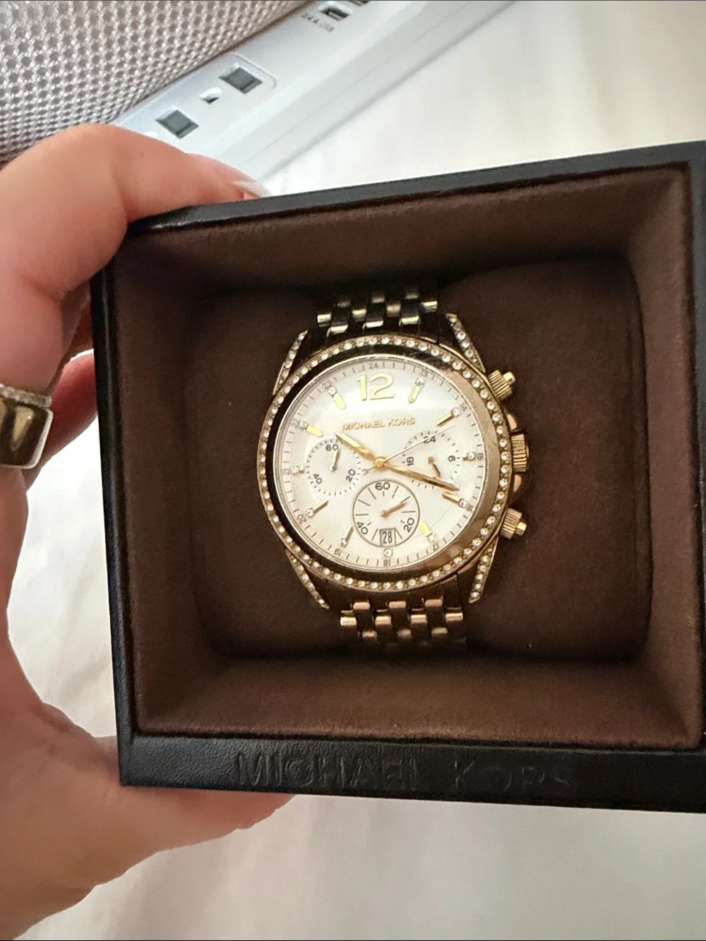 Michael Kors Gold and White Crystal Bezel Chronograph Watch